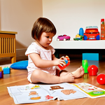**Image Prompt:** A brightly lit playroom. A young child, around 4 years old, is sitting on the floor surrounded by toys. They are carefully feeding a Baby Doll with a toy bottle. Scattered around are building blocks, some repurposed as "food," and hand-drawn menus on paper. The scene should evoke a sense of cozy creativity and imaginative play. Focus on warm, inviting colors and natural light. Emphasis on the child's focused expression and the homemade quality of the play props.