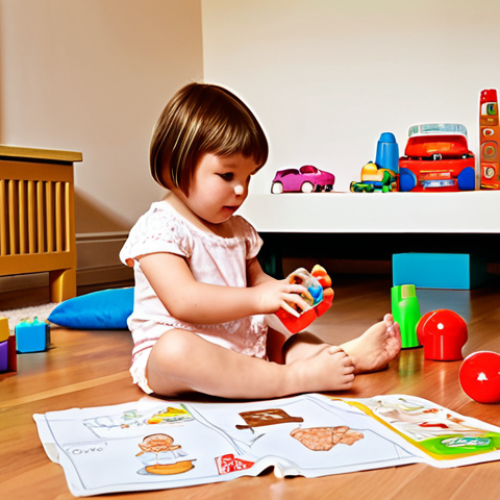 **Image Prompt:** A brightly lit playroom. A young child, around 4 years old, is sitting on the floor surrounded by toys. They are carefully feeding a Baby Doll with a toy bottle. Scattered around are building blocks, some repurposed as "food," and hand-drawn menus on paper. The scene should evoke a sense of cozy creativity and imaginative play. Focus on warm, inviting colors and natural light. Emphasis on the child's focused expression and the homemade quality of the play props.