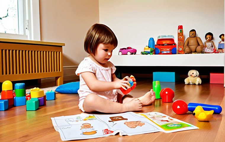 **Image Prompt:** A brightly lit playroom. A young child, around 4 years old, is sitting on the floor surrounded by toys. They are carefully feeding a Baby Doll with a toy bottle. Scattered around are building blocks, some repurposed as "food," and hand-drawn menus on paper. The scene should evoke a sense of cozy creativity and imaginative play. Focus on warm, inviting colors and natural light. Emphasis on the child's focused expression and the homemade quality of the play props.